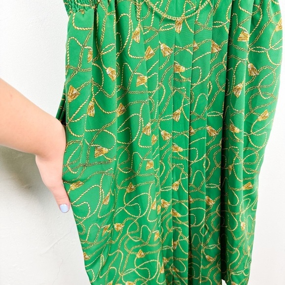 Vintags 80s Ms Chaus Green Gold Chain Print Midi Dress Sz 12 - Picture 10 of 10